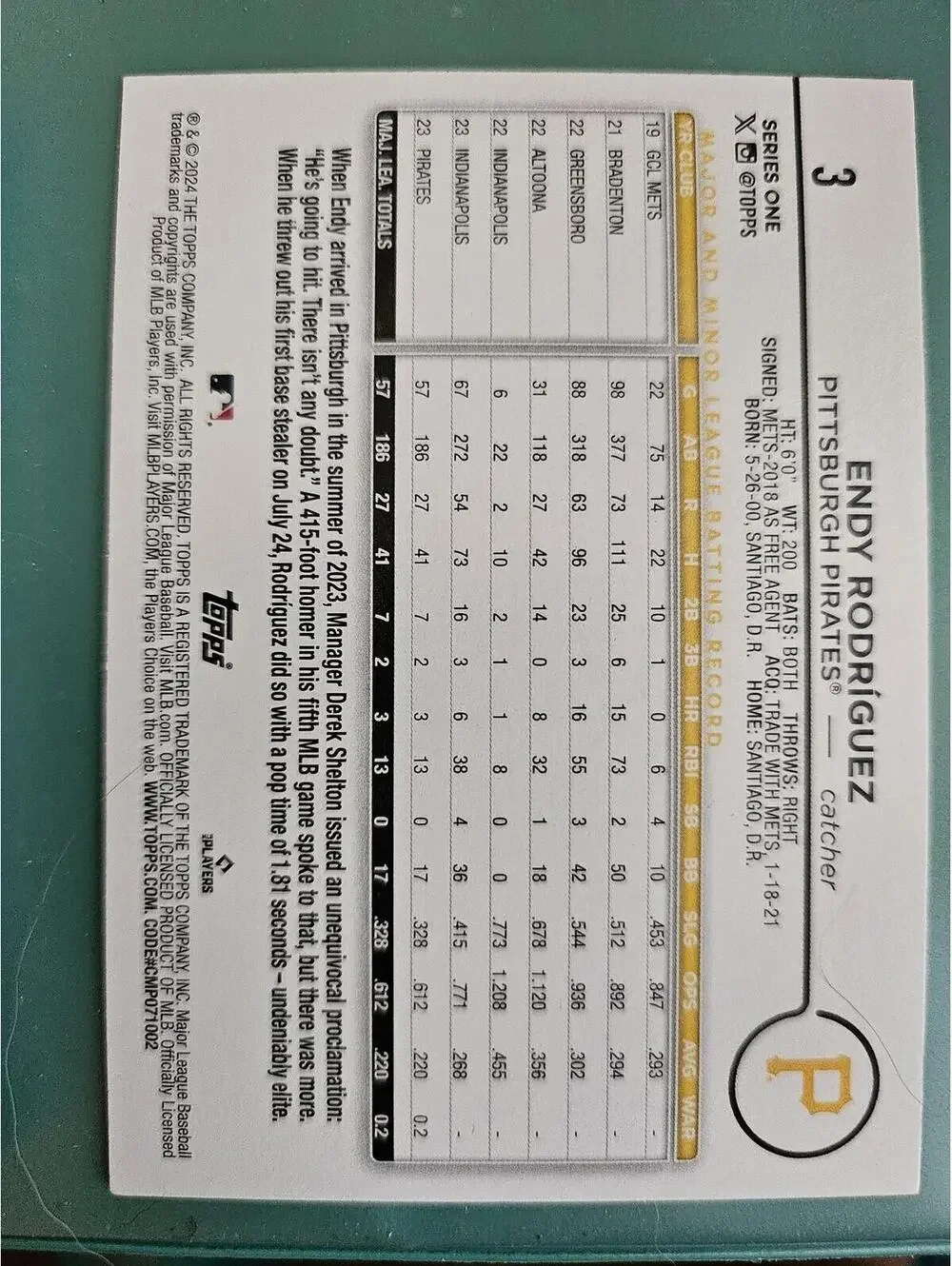2024 Topps Series 1 Endy Rodriguez #3 Base RC Pirates